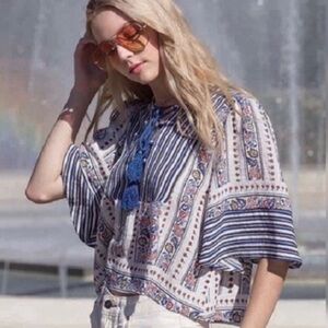 LOVE RICHE  Peasant Tassel Lace Up Top